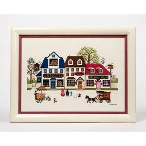Charles Wysocki Framed Needlepoint Cross Stitch Americana Folk Art Vintage
